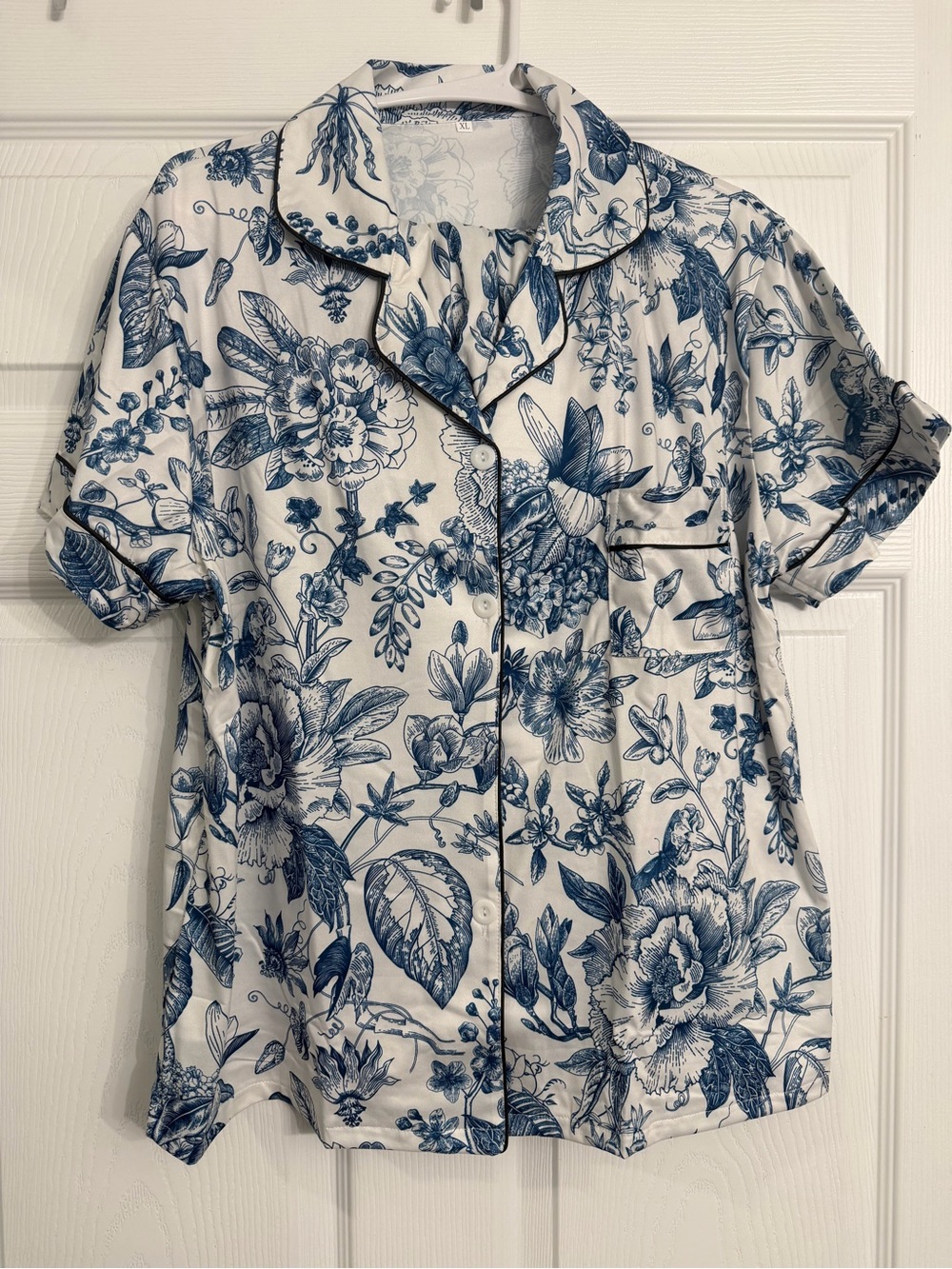 Blue Floral Short-Sleeve Satin Like Pajama Top Set - Women